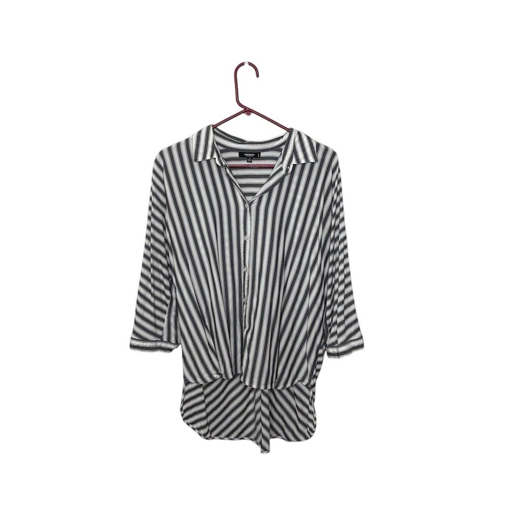 Premise Studio White Stripe Blouse Button Roll Tab Sleeve High Low Hem Sz 1X